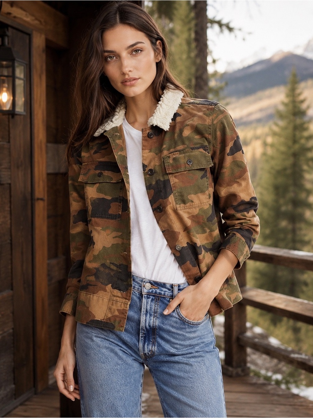 MADEWELL Green Camo Northward Cropped Army Jacket Faux Shearling Collar Sz: S